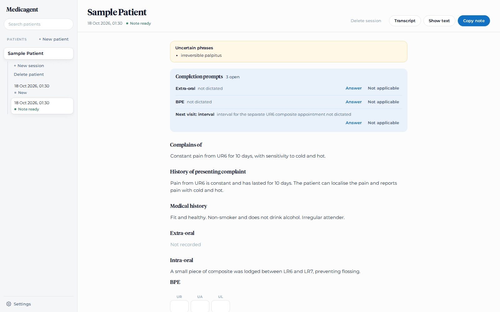 Medicagent note view: a written UK dental note with completion prompts above it